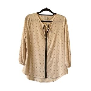 Liz Claiborne White Black Cream Blouse Top Front Tie Petite Polyester Spandex